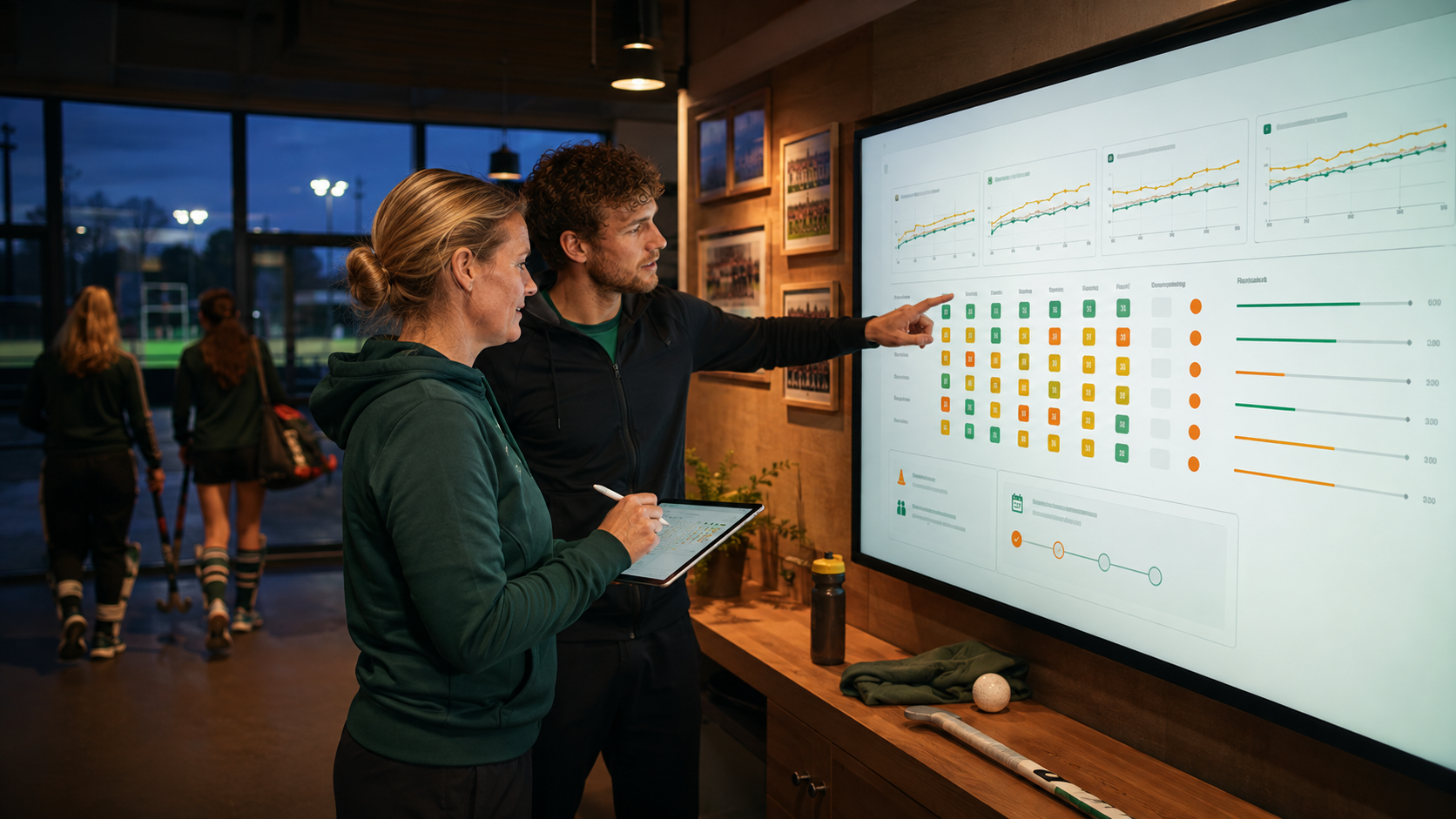 Twee lijncoordinatoren bespreken de voortgang van een team op een groot scherm in het clubhuis