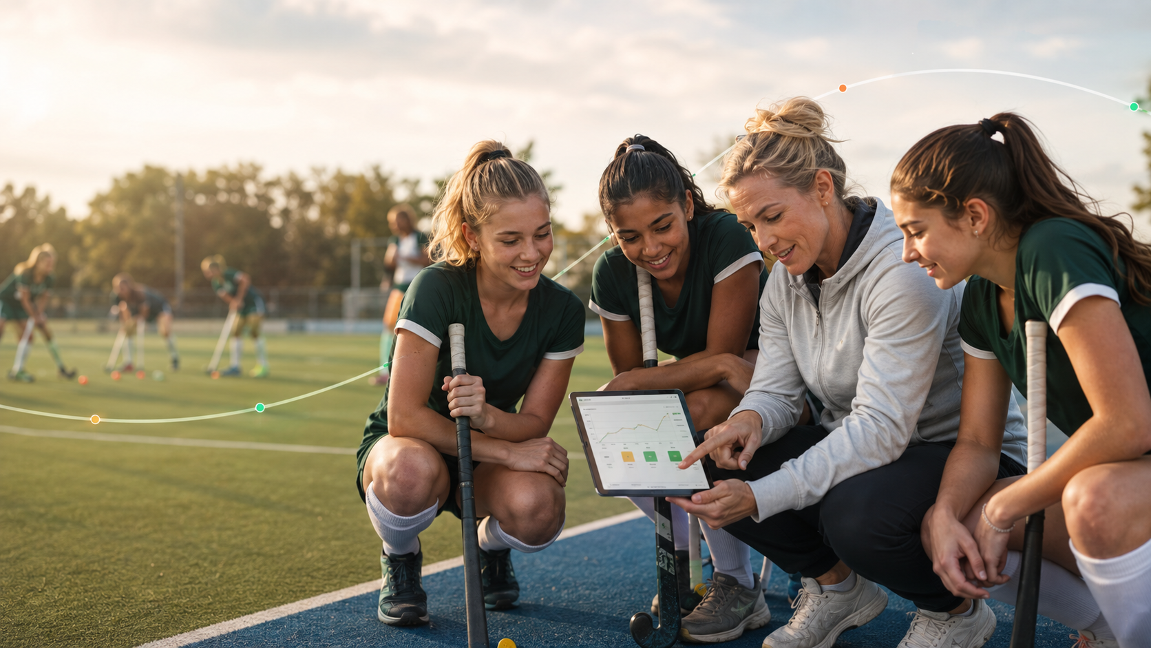 Coach laat op een tablet de voortgangsgrafiek zien aan drie jonge speelsters op het veld