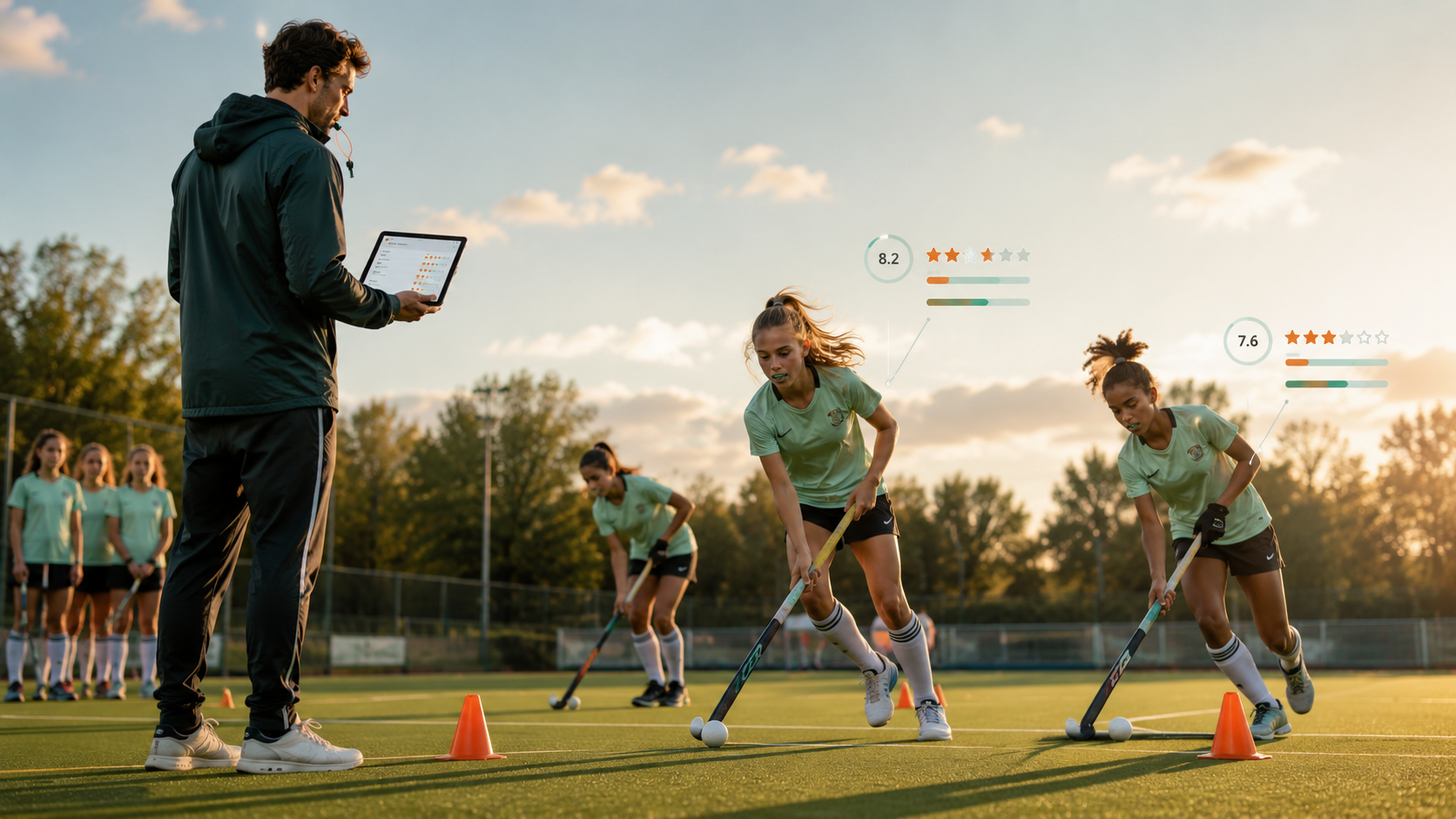Trainer met tablet langs het veld terwijl speelsters een technische oefenvorm doen