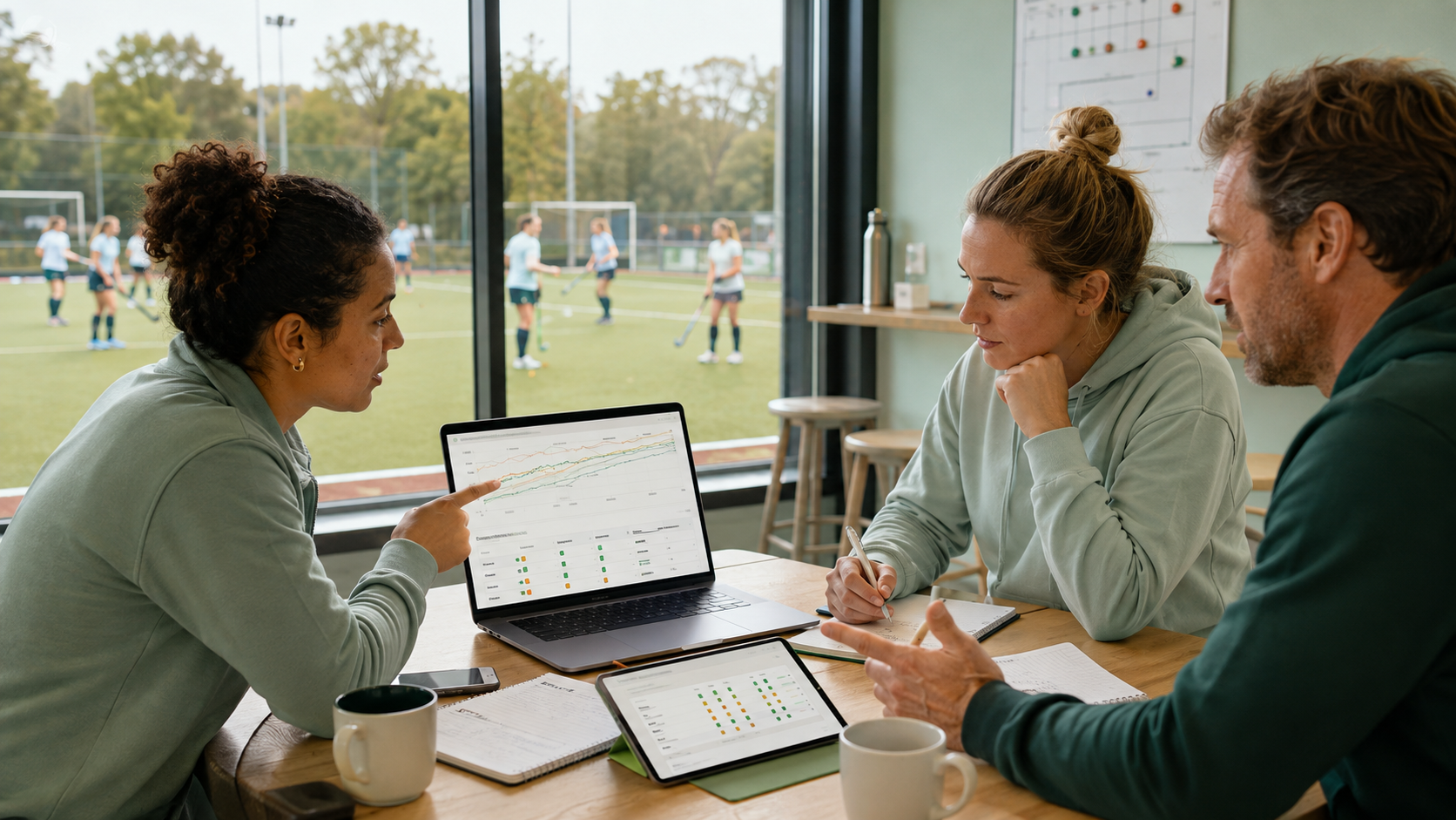 Drie stafleden bespreken de teammatrix op een laptop in de kantine