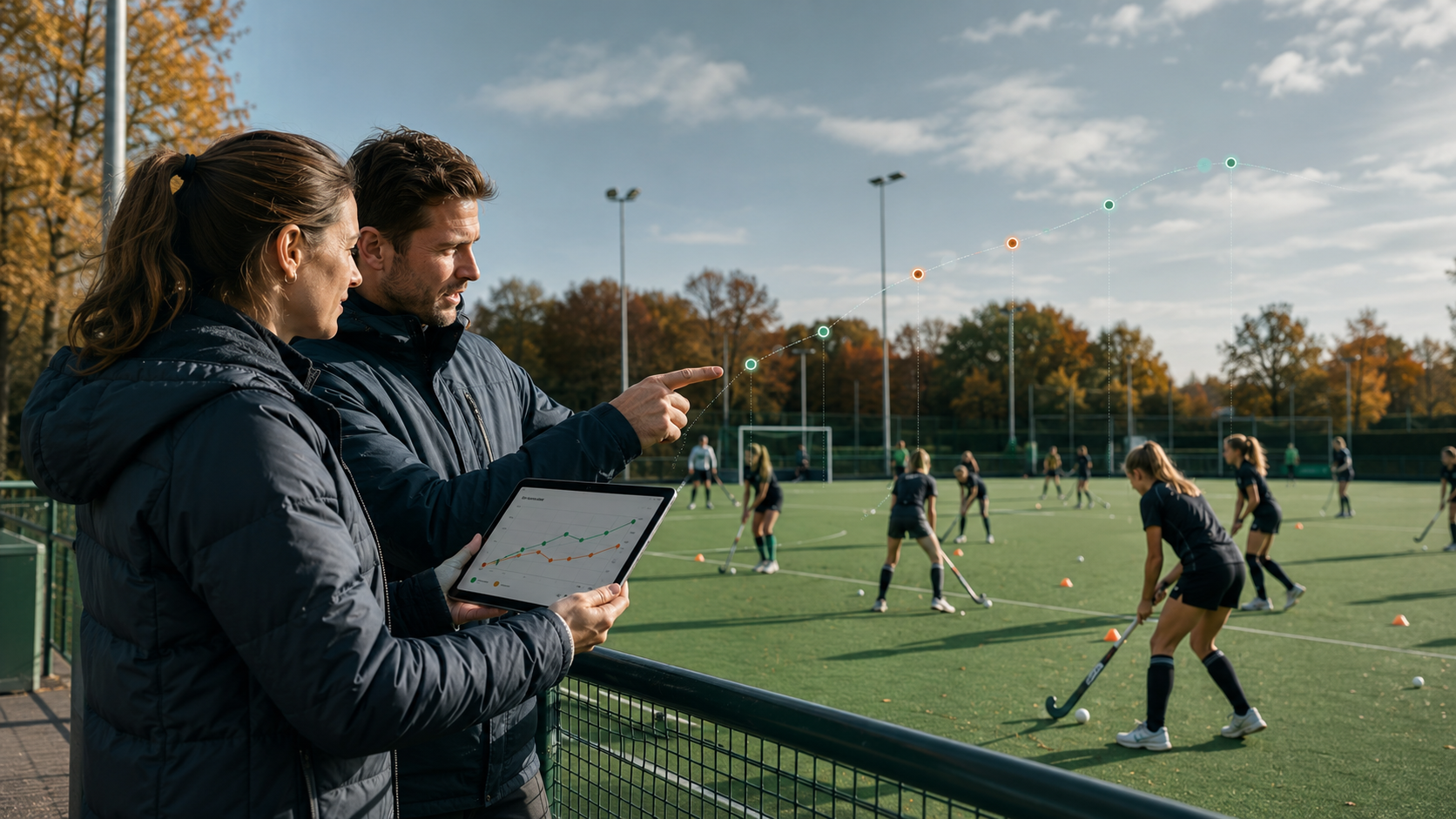 Lijncoordinator en trainer bekijken samen een grafiek langs het veld