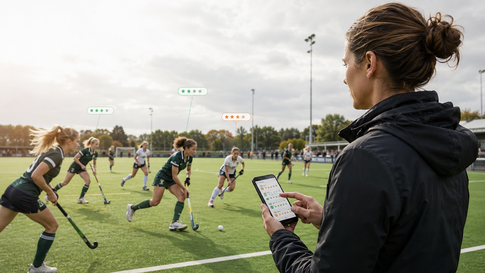 Coach die tijdens een wedstrijd scores invult op haar telefoon
